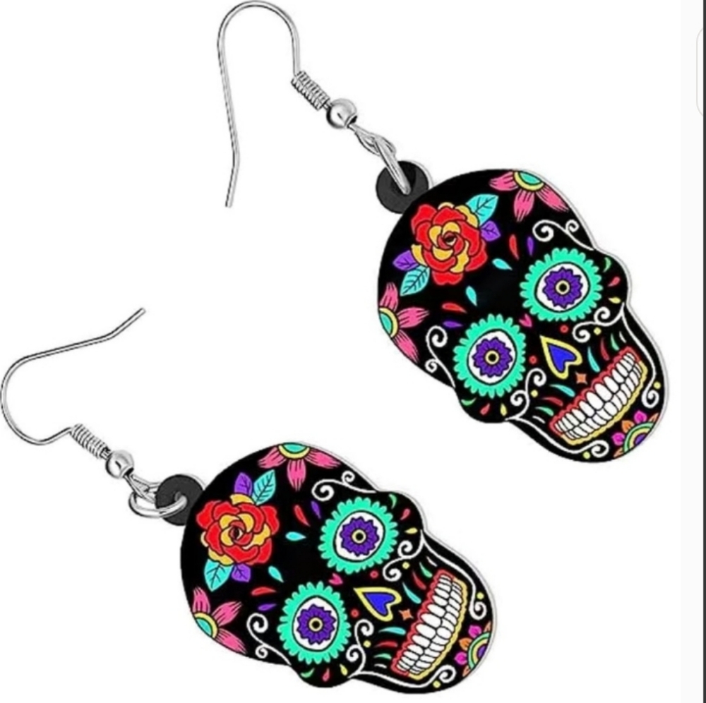 Sugar Skull Earrings Black Pink Green stainless steel earwires NEW NWT